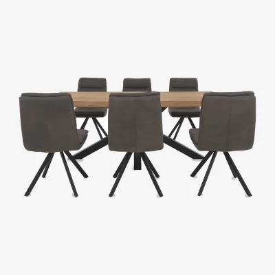 Furniture Village Bodahl - Njord 160cm Compact Raw Edge Dining Table with Metal Star Base and 6 Anthracite Fabric Swivel Chairs