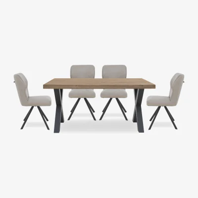 Furniture Village Bodahl - Terra 160cm Compact Straight Edge Dining Table with X Shaped Legs and 4 Taupe Fabric Swivel Chairs