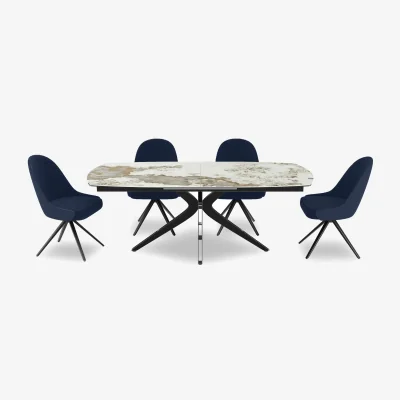 Furniture Village Jose Large Calcatta Marble Pop-up Extending Dining Table with 4 Swivel Chairs - Navy