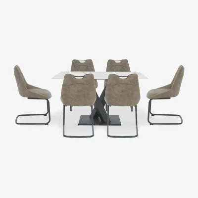 Furniture Village Warrior Crystal White Compact Fixed Dining Table with 6 Cantilever Chairs - White