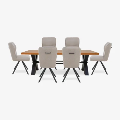 Furniture Village Bodahl - Terra Straight Edge Dining Table with Tension Bolt X-Leg and 6 Taupe Fabric Swivel Chairs - 220-cm