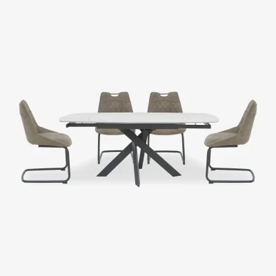 Furniture Village Warrior Crystal White Swivel Extending Dining Table with 4 Cantilever Chairs - White