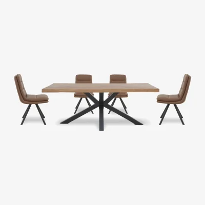 Furniture Village Bodahl - Njord 160cm Compact Raw Edge Dining Table with Metal Star Base and 4 Tan Faux Leather Swivel Chairs - Old Bassano