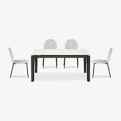 Furniture Village Connubia - Rosa 160cm Medium Extending Dining Table with Salt White Ceramic Top and Black Metal Legs and 4 Riley Chairs