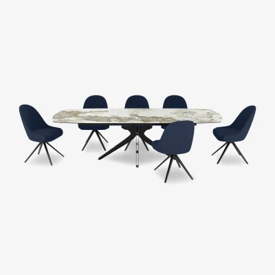 Furniture Village Jose Large Calcatta Marble Pop-up Extending Dining Table with 6 Swivel Chairs - Navy