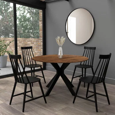 Furniture123 Walnut Round Drop Leaf Dining Table with 4 Black Spindle Dining Chairs - Carson