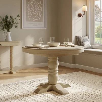 Furniture123 Large Solid Wood Farmhouse Extendable Round to Oval Pedestal Dining Table - Seats 4 - 6 - Madeline