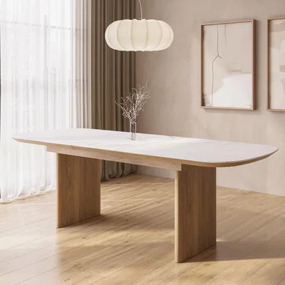 Furniture123 Large White Marble Ceramic and Oak Extendable Dining Table - Seats 6 - 8 - Marian