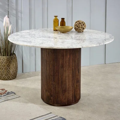Furniture123 Mango Wood Dining Table Round With Marble Top - Opal