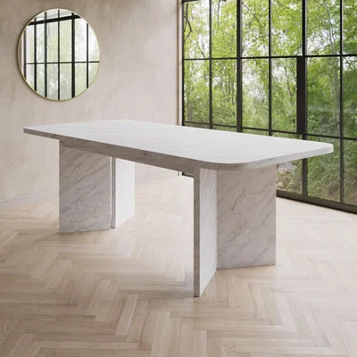 Furniture123 White Marble Effect Pillar Extendable Dining Table - Geneva