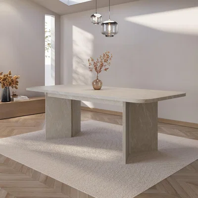 Furniture123 Beige Marble Effect Pillar Extendable Dining Table - Seats 6 - 8 - Geneva