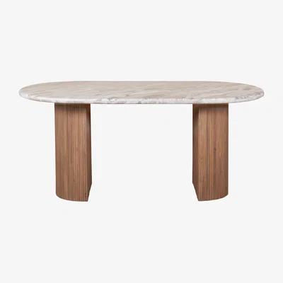 Furniture123 Natural Marble & Wood Pedestal 6-8 Seater Dining Table - Ashford