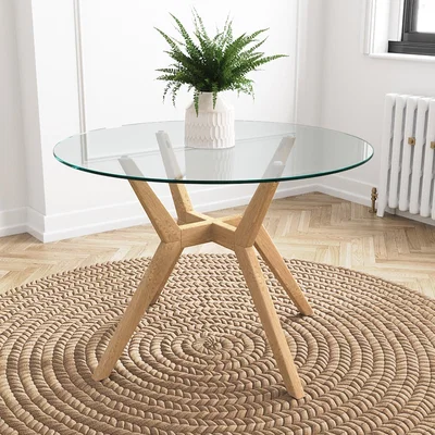Furniture123 Large Round Glass Top Dining Table with Oak Legs - Seats 4 - Nori