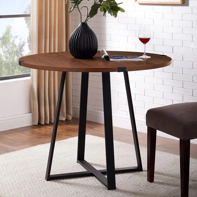 Furniture123 Round Dark Wood Dining Table with Black Metal Legs - Seats 4 - Foster