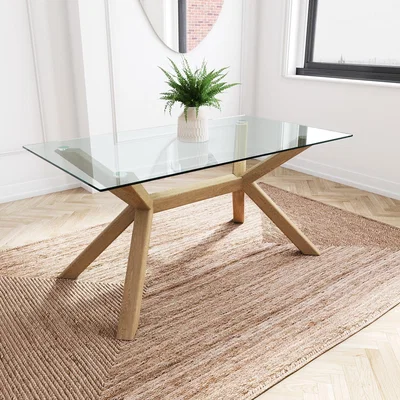 Furniture123 Large Rectangle Glass Top Dining Table with Solid Oak Legs - Nori