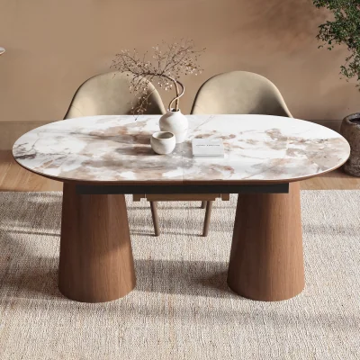 Furniture123 Large Walnut and Marble Effect Extendable Dining Table - Seats 4 - 6 - Malia