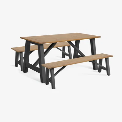 Habitat Habitat Burford Solid Wood Dining Table & 2 Grey Benches