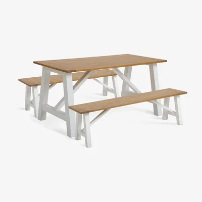 Habitat Habitat Burford Solid Wood Dining Table & 2 White Benches