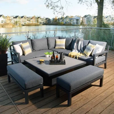 IO Living Bramblecrest La Rochelle Outdoor Sofa Set With Square Adjustable Dining Table & 2 Benches - Anthracite/Dark Grey - NO TABLE INCLUDED