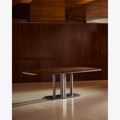 Kave Home Melvar table made from walnut veneer and legs with brushed stainless steel base 180 x 100cm