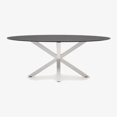 Kave Home Argo oval table in matt black glass and steel legs with white finish Ø 200 x 100 cm