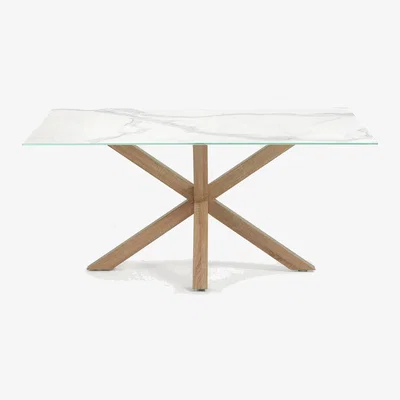 Kave Home Argo table in white Kalos porcelain and wood-effect steel legs 180 x 100 cm