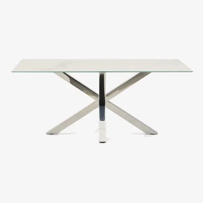 Kave Home Argo table in white Kalos porcelain and stainless steel legs, 180 x 100 cm
