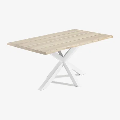 Kave Home Argo oak veneer table with a whitewashed finish and white steel legs, 160 x 90 cm