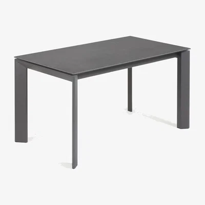 Kave Home Axis extendable porcelain table with Volcano Rock finish and dark grey steel legs, 140 (200) cm