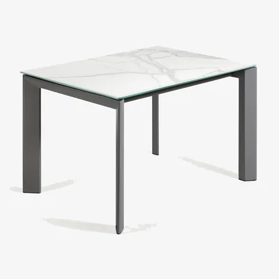 Kave Home Axis extendable porcelain table with Kalos Blanco finish and dark grey legs, 120 (180) cm