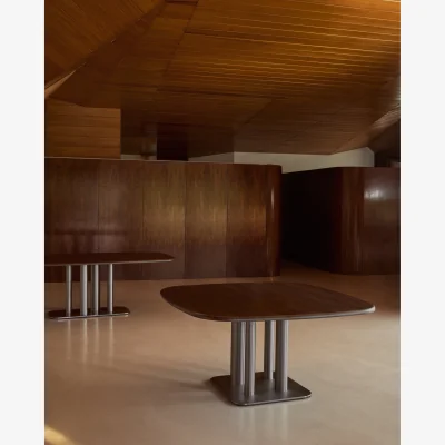 Kave Home Melvar table made from walnut veneer and legs with brushed stainless steel base 121 x 121cm