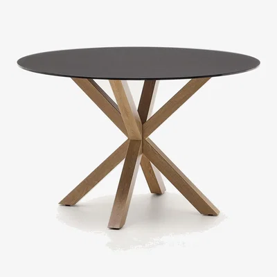 Kave Home Argo round table in frosted black glass and wood effect steel legs, Ø 120 cm