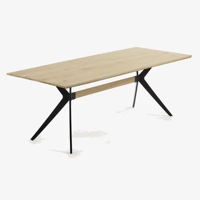 Kave Home Amethyst oak veneer table with a whitewashed finish and black steel legs, 160 x 90 cm