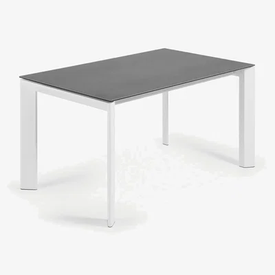 Kave Home Axis porcelain extendable table in Volcano Rock finish with white steel legs 140 (200) cm