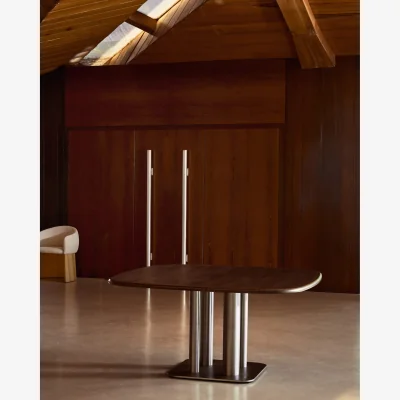 Kave Home Melvar table made from walnut veneer and legs with brushed stainless steel base 150 x 150cm