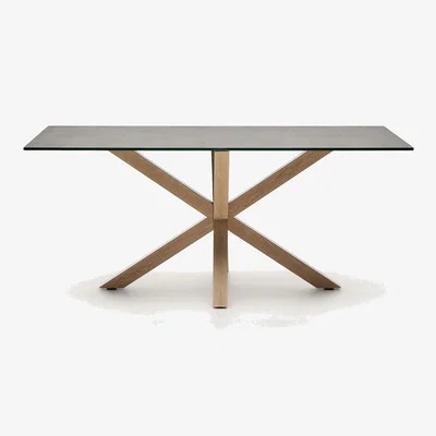 Kave Home Argo table in Iron Moss porcelain and wood-effect steel legs, 180 x 100 cm