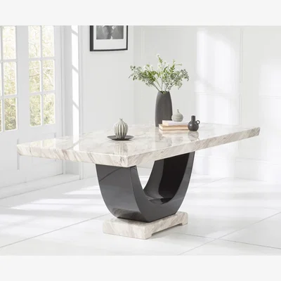 Oak&More Novara 200cm Cream and Black Pedestal Marble Dining Table