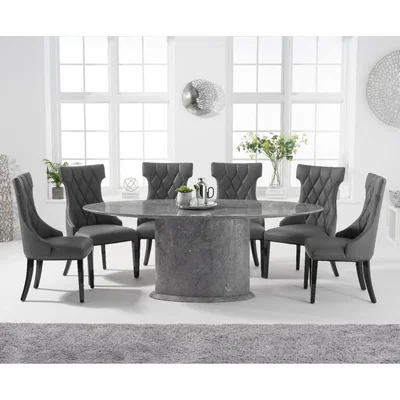 Oak&More Colby 200cm Oval Grey Marble Dining Table with Freya Chairs - Black, 6 Chairs