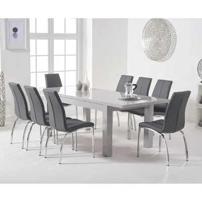 Oak&More Atlanta Light Grey Gloss 160-220cm Extending Dining Table with Cavello Chairs - Cream, 4 Chairs