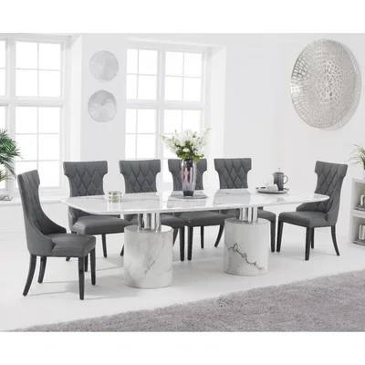 Oak&More Antonio 260cm White Marble Dining Table with Freya Chairs - Black, 6 Chairs