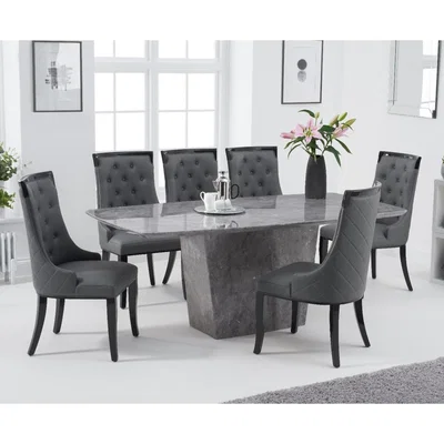 Oak&More Francesca 200cm Grey Marble Dining Table with Angelica Chairs - Black, 6 Chairs