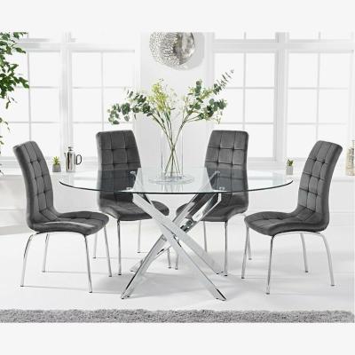 Oak&More Ex-display Denver 165cm Oval Glass Dining Table with 4 BLUE Calgary Velvet Chairs
