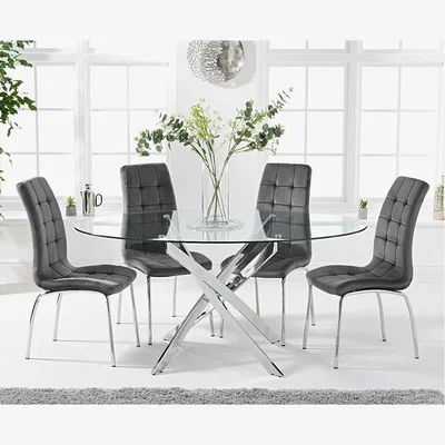 Oak&More Ex-display Denver 165cm Oval Glass Dining Table with 4 BLUE Calgary Velvet Chairs