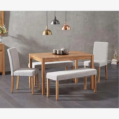 Oak&More Ex-display Oxford 120cm Solid Oak Dining Table with ONE Mia GREY Benches and 2 GREY Mia Chairs