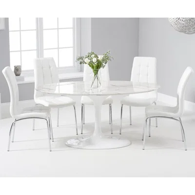 Oak&More Brighton 160cm Oval White Marble Dining Table With Calgary Dining Chairs - Cream, 4 Chairs