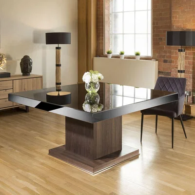 Quatropi Quatropi Large Square Dining Table Walnut / Chrome Trim / Black Glass
