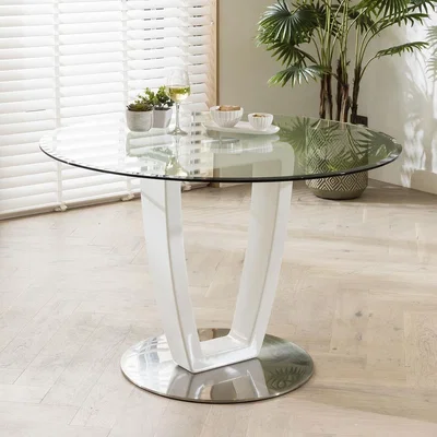 Quatropi Modern 1.2m Round Clear Glass Dining Table. Stainless steel Base. New