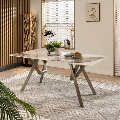 Quatropi Modern Marble Effect 6 Seater Ceramic Dining Table Silver White 180cm