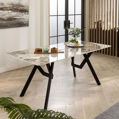 Quatropi Modern Marble Effect 6 Seater Ceramic Dining Table Black White 180cm
