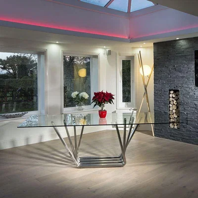 Quatropi Modern Large 10 Seater Glass Stainless Steel Dining Table 240 x 110cm